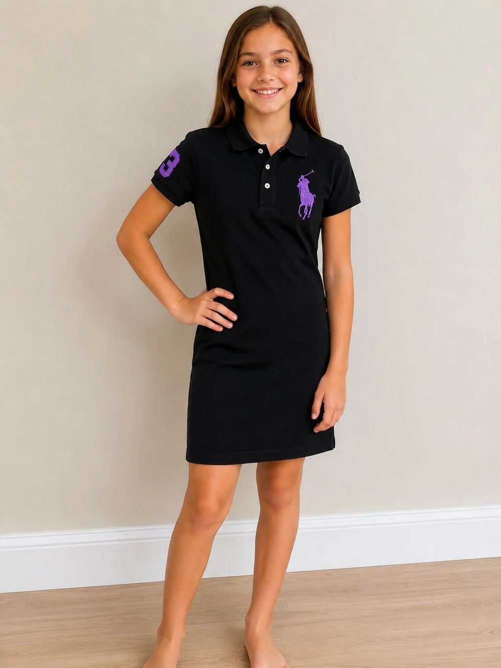 Polo Ralph Lauren Girls Large Black Shirt Dress Purple Big Pony NWT